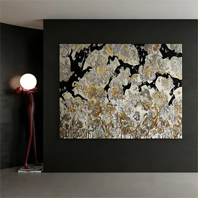 Abstract Painting with Black White Gold Gray Colors on Dark Wall and Red Floor Lamp 3d model