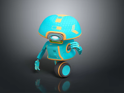 Blue And Orange Robot Character With Mushroom Shaped Helmet Circular Eye Hexagonal Texture And Wheel Base 3d model