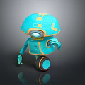 Blue And Orange Robot Character With Mushroom Shaped Helmet Circular Eye Hexagonal Texture And Wheel Base