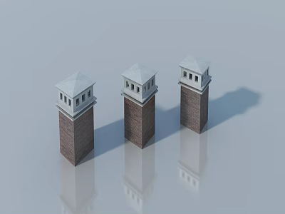 Three Swing Doors With White Roofs And Brick Red Pillars Arranged With Reflections 3d model