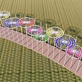 Colorful Pergola Structure With White Columns And Wooden Walkway In Wheat Field