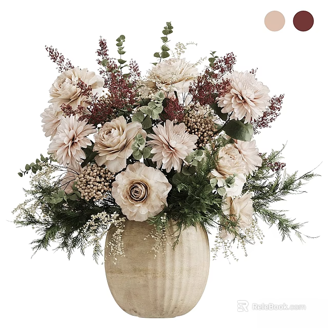 Elegant Decorative Ornament Set With Beige Textured Vase Pink Flowers And Green Foliage 3d model 