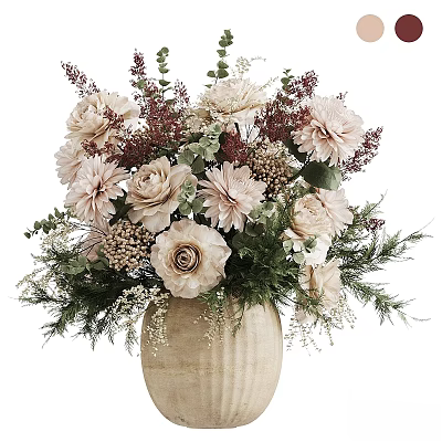 Elegant Decorative Ornament Set With Beige Textured Vase Pink Flowers And Green Foliage 3d model