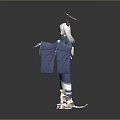 Game Anime Character With White Gray Hair Blue Kimono Headdress Holding Tray And White Cat