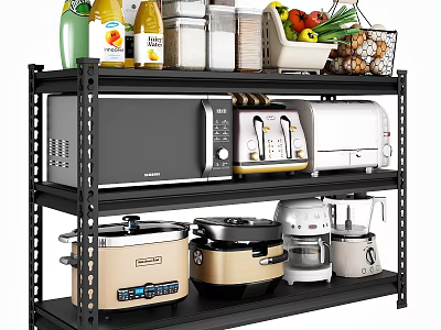 Organized Kitchen Appliances On Multi Tiered Black Shelving With Microwave Toaster And Cookware 3d model