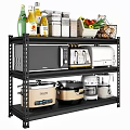 Organized Kitchen Appliances On Multi Tiered Black Shelving With Microwave Toaster And Cookware