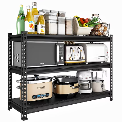 Organized Kitchen Appliances On Multi Tiered Black Shelving With Microwave Toaster And Cookware 3d model