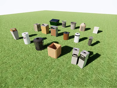 Public Trash Bins With Various Colors And Different Shapes In Green Grassy Area 3d model
