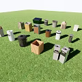 Public Trash Bins With Various Colors And Different Shapes In Green Grassy Area