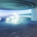 Modern Exhibition Hall Interior With Circular Lighting And Interactive Console Design