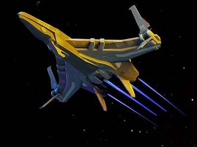 Futuristic Passenger Aircraft Sleek Design Yellow Purple Blue Colors Blue Thruster Trails In Starry Space 3d model
