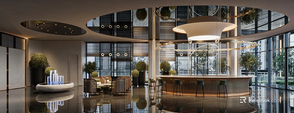 Modern Luxury Sales Office Interior Featuring Cozy Lounge Seats Elegant Reception Bar And Tasteful Lighting 3d model 