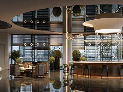 Modern Luxury Sales Office Interior Featuring Cozy Lounge Seats Elegant Reception Bar And Tasteful Lighting 3d model