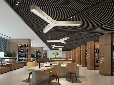 Modern Library Interior With Bookshelves And Reading Area 3d model