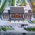 Chinese Traditional Style Hotel Building With Wooden Roof Large Windows Trees and Vehicles in Front