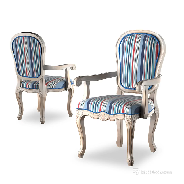 Vintage Style Classic Wooden Frame Dining Chairs With Colorful Striped Upholstery And Armrests 3d model 