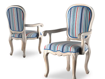 Vintage Style Classic Wooden Frame Dining Chairs With Colorful Striped Upholstery And Armrests 3d model
