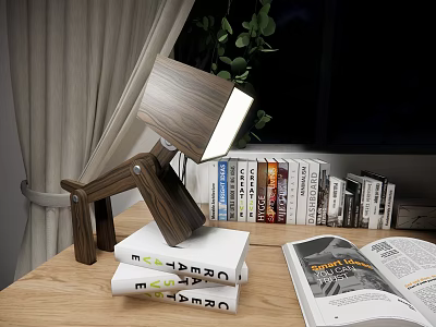 Wooden Adjustable Desk Lamp with Tilted Head on Stack of Books for Home Reading Nook 3d model