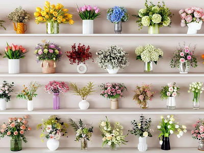 Various Types of Colorful Flowers In Decorative Vases On Multiple Shelves 3d model