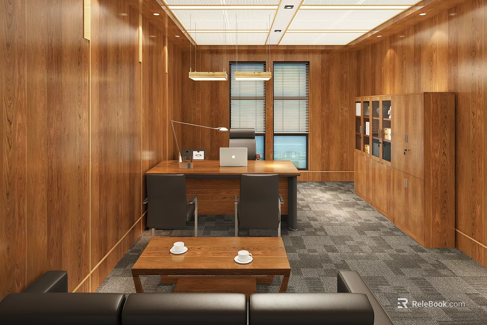 Modern Office Interior With Wooden Walls Desk Laptop Sofa Windows And Pendant Lights 3d model 