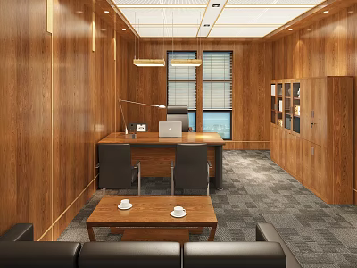 Modern Office Interior With Wooden Walls Desk Laptop Sofa Windows And Pendant Lights 3d model