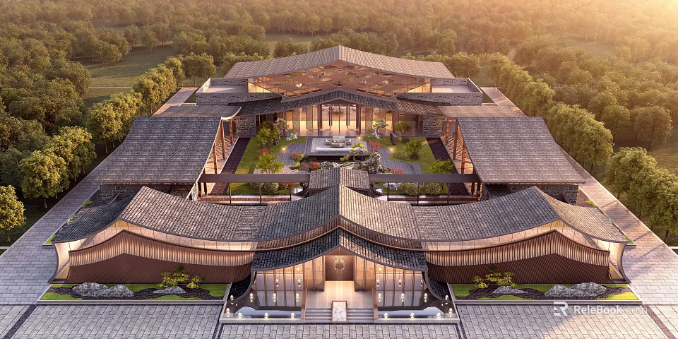 Traditional Curved Roof Detached Villa With Central Courtyard And Lush Greenery Surroundings 3d model 