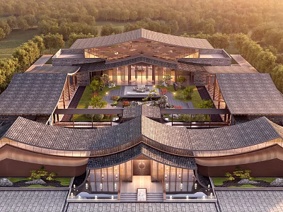 Traditional Curved Roof Detached Villa With Central Courtyard And Lush Greenery Surroundings 3d model