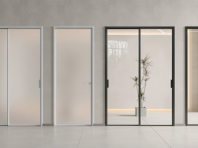 Modern Sliding Glass Doors with Black Frames in Minimalist Interior with Natural Light and Plant 3d model