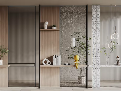 Modern Interior Partition Design With Glass Wooden And Metal Frame Shelves Plants Pendant Lights 3d model