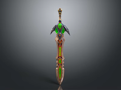 Ornate Decorative Sword With Green Gemstone Inlays And Wing Shaped Hilt Design 3d model