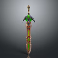 Ornate Decorative Sword With Green Gemstone Inlays And Wing Shaped Hilt Design
