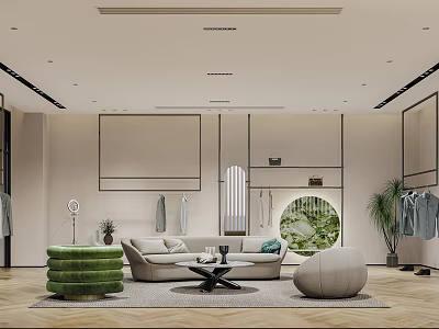 Modern Clothing Store Interior Design With Sofa Display Racks And Round Window 3d model