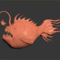 Red Anglerfish With Large Mouth Sharp Teeth Head Lure Structure And Fin Protrusions