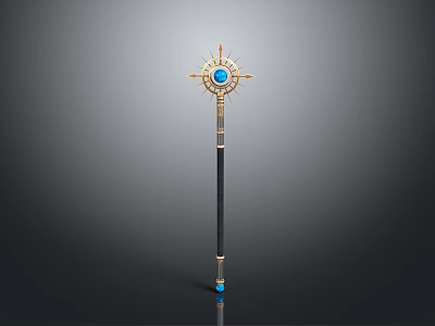 Ornate Magic Weapon Scepter Featuring Golden Accents Blue Gemstone And Black Shaft 3d model