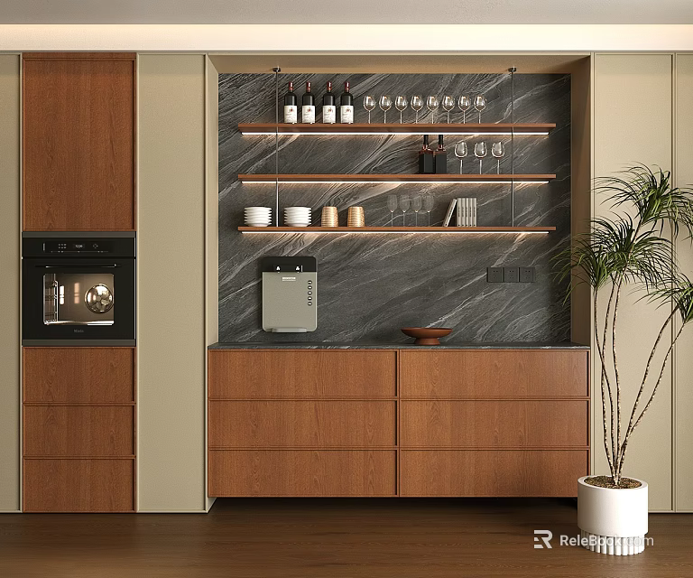 Modern Wooden Sideboard With Marble Backdrop And Shelves Holding Bottles Bowls And Potted Plant 3d model 