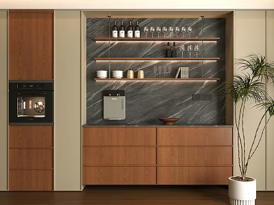 Modern Wooden Sideboard With Marble Backdrop And Shelves Holding Bottles Bowls And Potted Plant 3d model