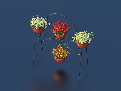 Black Metal Stand with Four Red Pots Holding Colorful Potted Plants and Flowers 3d model
