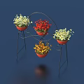 Black Metal Stand with Four Red Pots Holding Colorful Potted Plants and Flowers