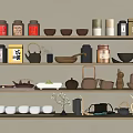 Tea Sets Collection Featuring Teapots Teacups Bowls And Jars On Wooden Shelves
