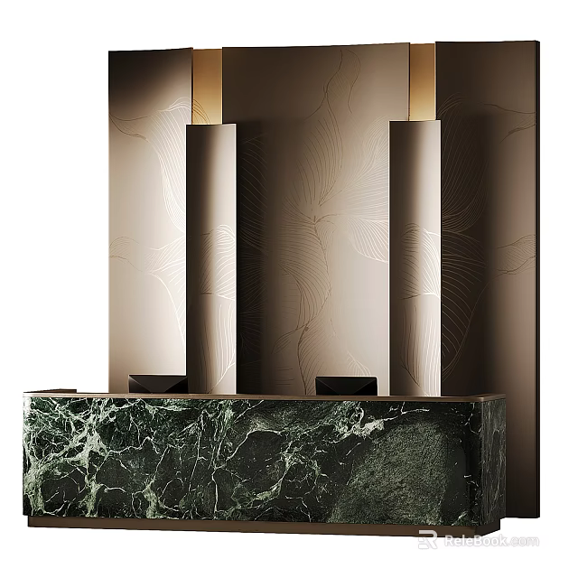 Elegant Front Desk Reception With Green Marble Countertop And Textured Wall Design 3d model 