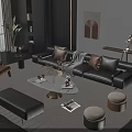 Modern Leather Sofa and Coffee Table Set with Pillows Blanket Round Table Accent Stools 3d model