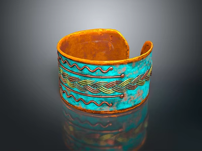 Handcrafted Turquoise Blue Cuff Bracelet With Orange Edges And Wavy Patterns 3d model