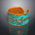Handcrafted Turquoise Blue Cuff Bracelet With Orange Edges And Wavy Patterns