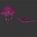 Purple Jellyfish Floating with Transparent Manta Ray Swimming in Dark Background