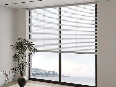 Modern Window Blinds in Bright Room With Sea View and Green Plant 3d model