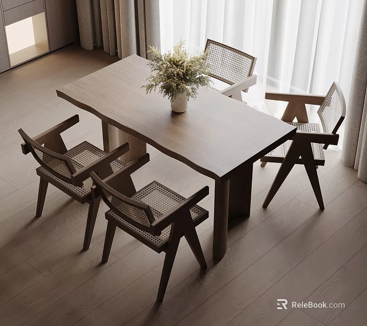 Wooden Dining Table Set with Rattan Back Chairs and Flower Vase in Modern Dining Area 3d model 