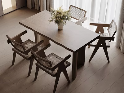Wooden Dining Table Set with Rattan Back Chairs and Flower Vase in Modern Dining Area 3d model
