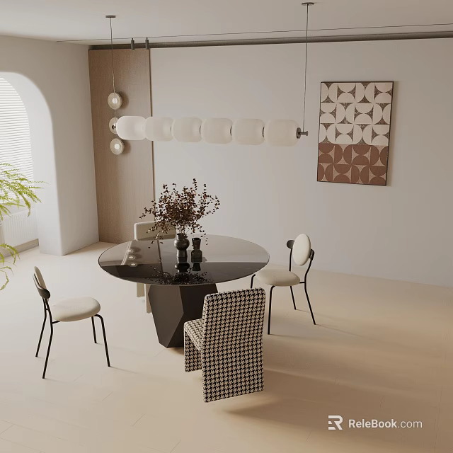 Modern Round Dining Table Set with Black Top Light Chairs and Geometric Wall Art 3d model