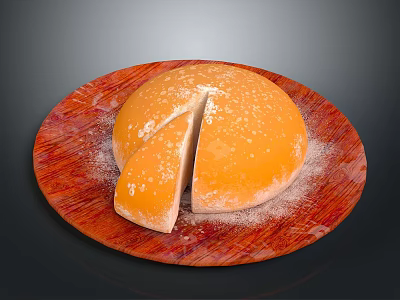 Orange Round Dessert On Red Wooden Plate With White Powder Topping And Sliced Piece 3d model