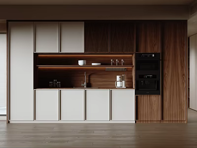 Modern Kitchen Interior With White And Wooden Cabinets Integrated Oven And Open Shelf 3d model